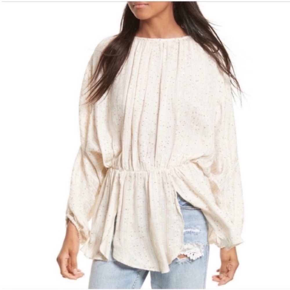 Free People Litte Shine tunic shirt cream gauze sequins metallic